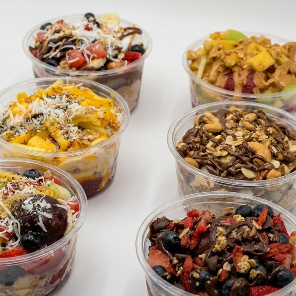 Six colorful fruit and yogurt parfait cups topped with berries, granola, coconut, nuts, and chocolate arranged on a white background.