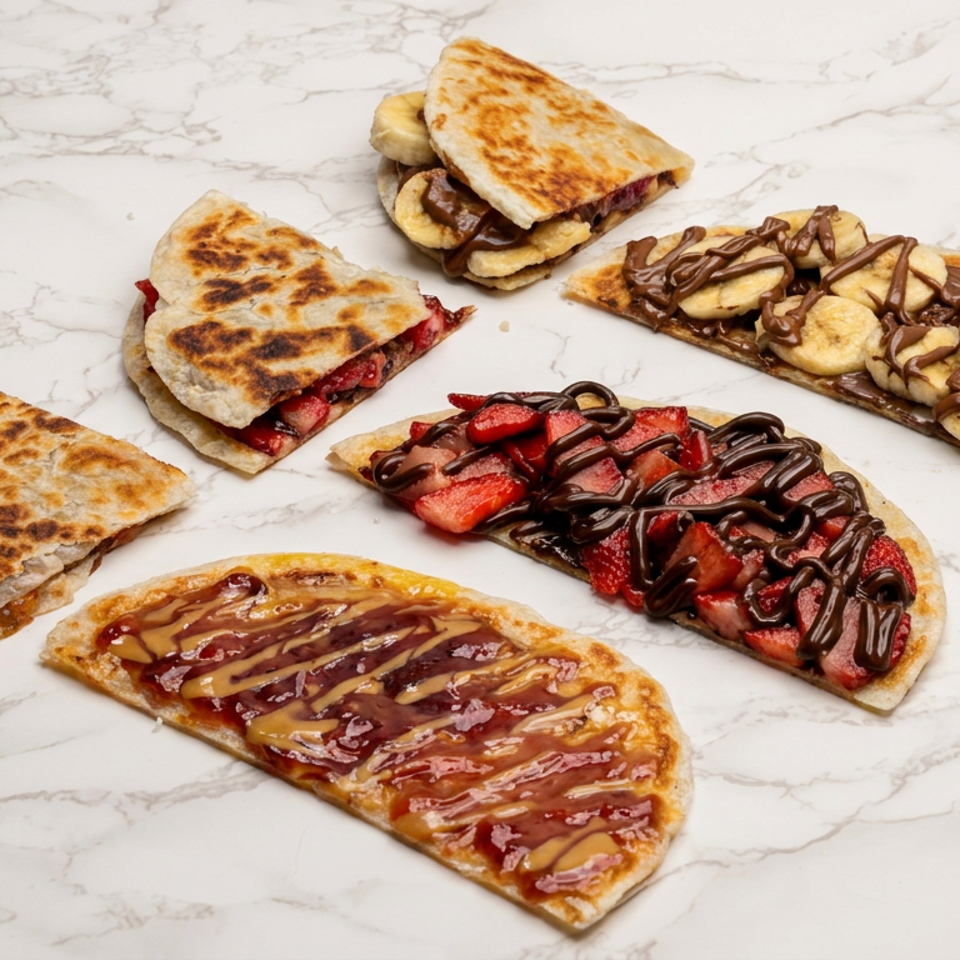 Assortment of folded dessert flatbreads topped with strawberries, bananas, chocolate, caramel, and peanut butter on marble.