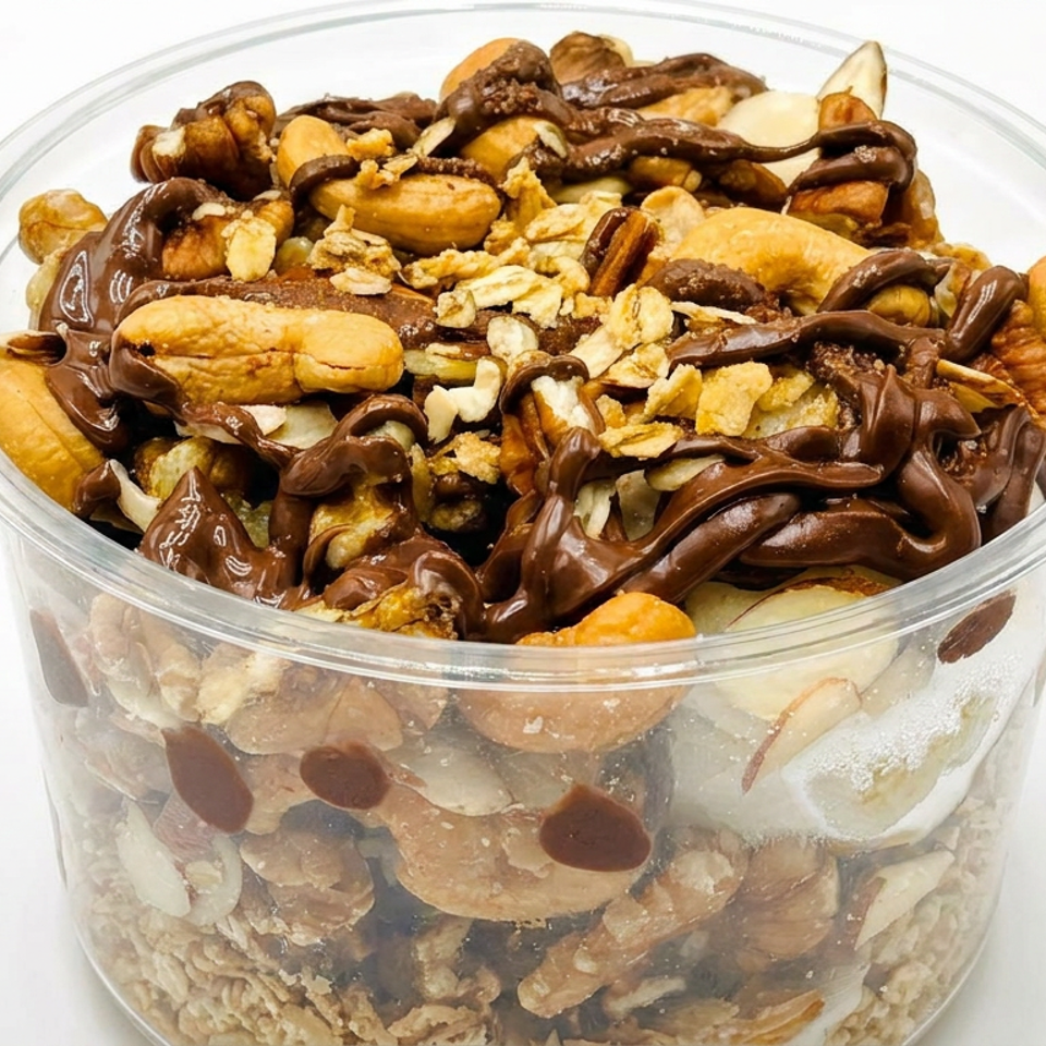 Clear cup filled with layered ice cream, granola, mixed nuts, and chocolate sauce drizzle.